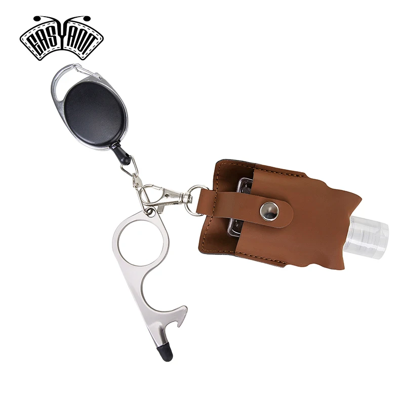 

EASYANT Hand Sanitizer Leather Bottle Portable Set Flip Cap Personal Care with Touch Free Door Opener Key Ring-Brown