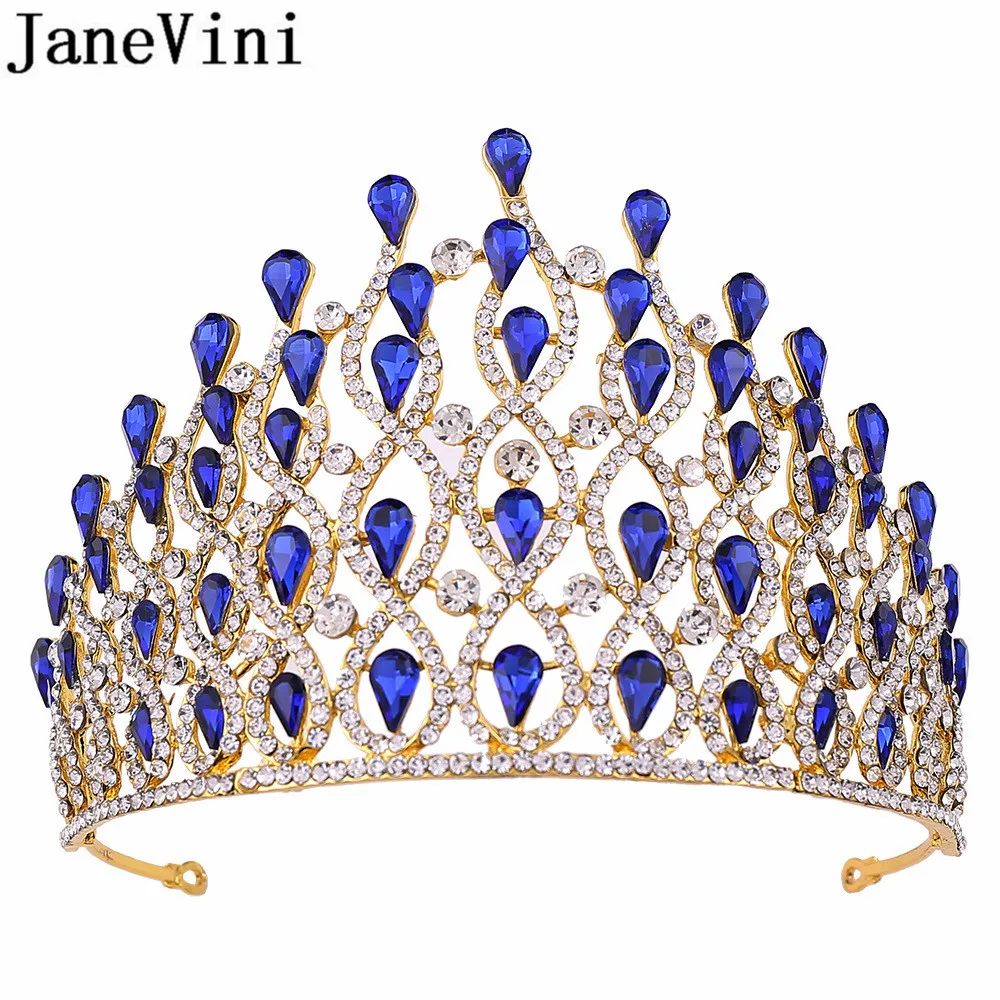 JaneVini Luxury Handmade Bridal Tiaras and Crowns Hair Jewelry Crystal Headband Silver Rhinestone Royal Blue Green Red Headpiece