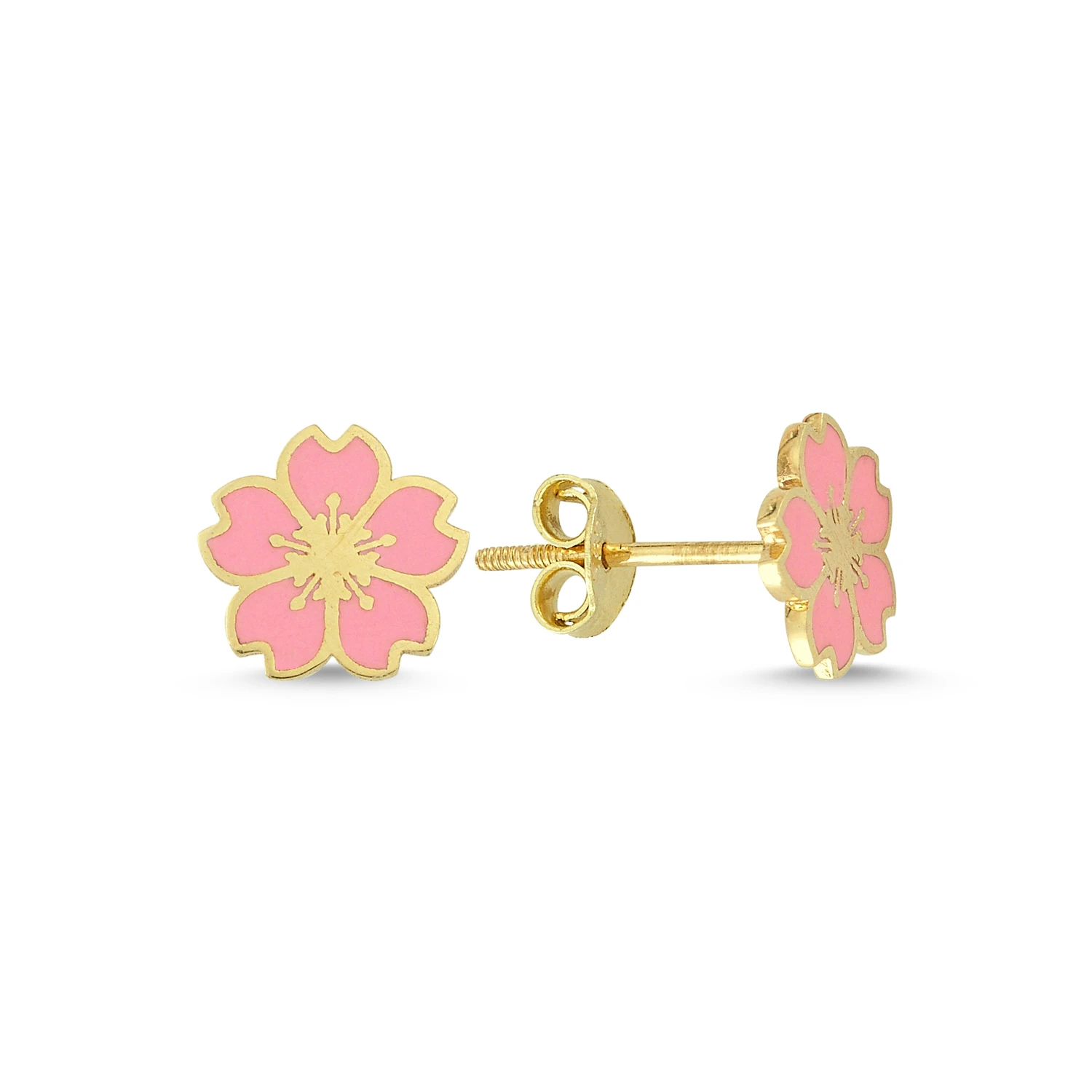 14K Gold Enamel Flower Baby Children Stud Earrings