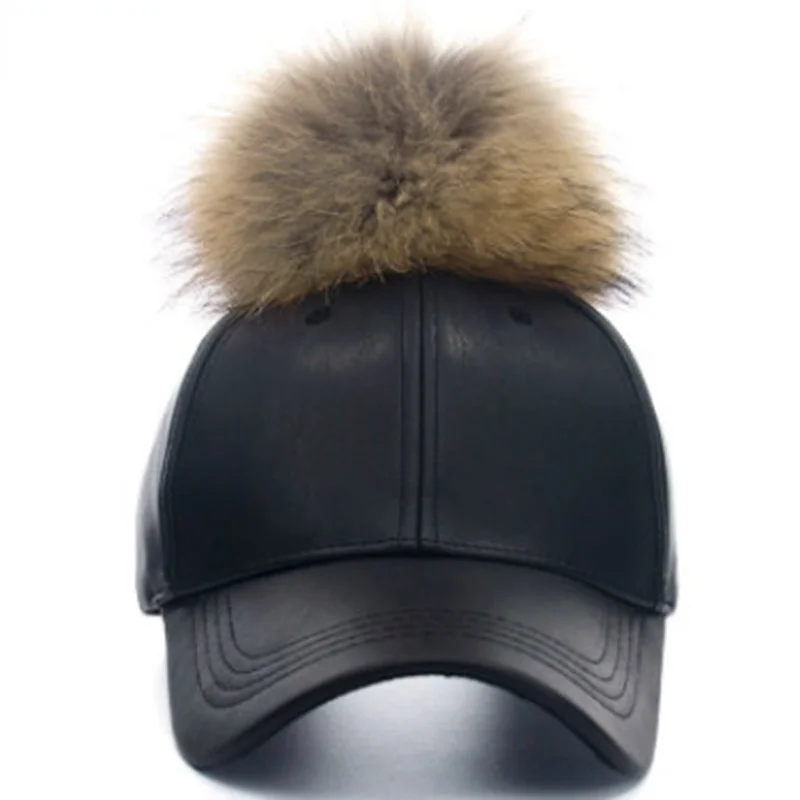 MAERSHEI Women Fashion Real Fur Baseball Cap Warm Casual Sweer Girl Hat Snapback Pom Pom Cap Leather Hip Hop Bone Caps