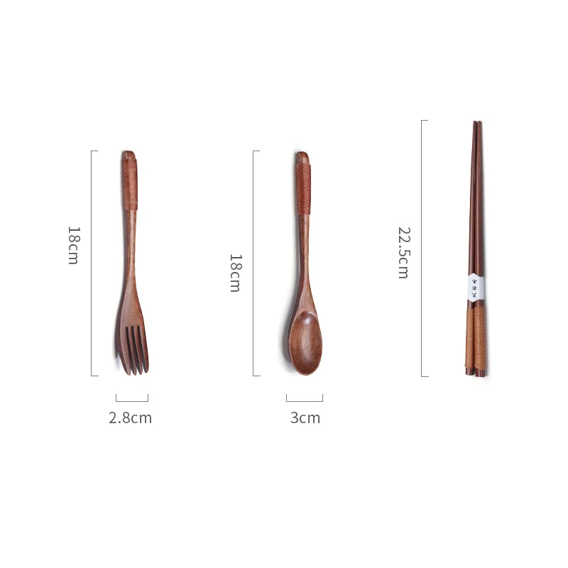 Portable 3-piece Wooden Cutlery Sets Wood Tableware Travel Spoon Chopsticks Fork Dinnerware Suit with Cloth Pack Gifts Set