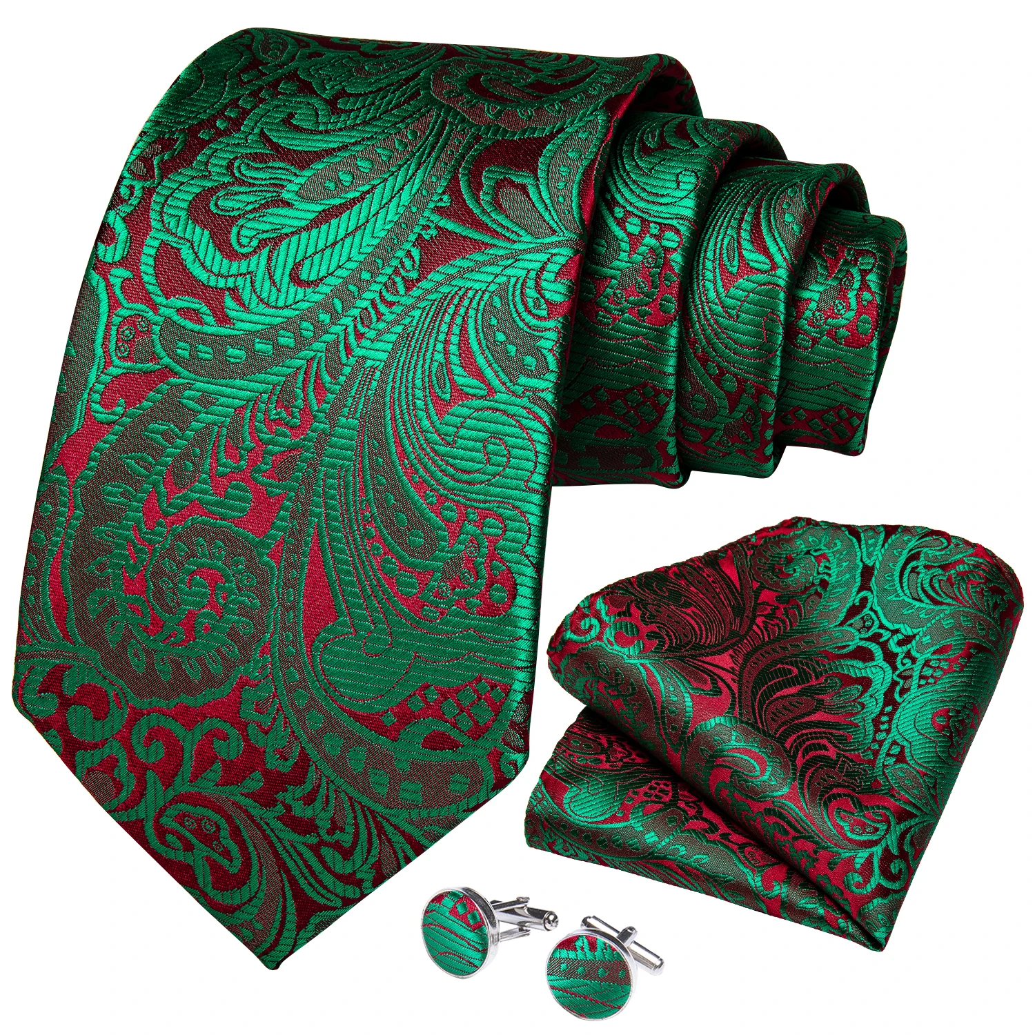 100% Silk Jacquard Woven Green Red Paisely Floral Men Tie Luxury 8cm Business Wedding Party Necktie Set Hanky Tie Ring DiBanGu