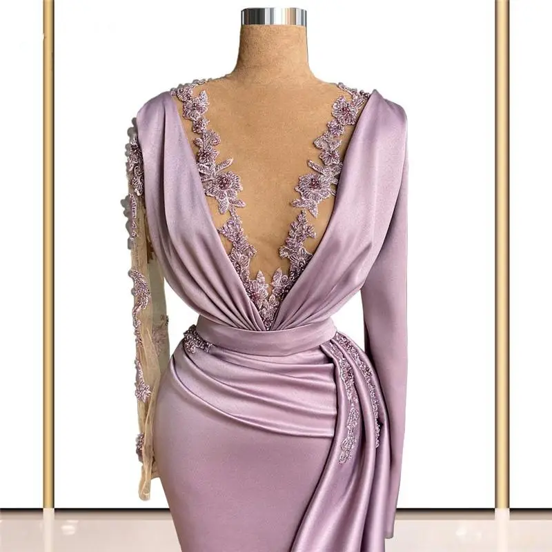 Roxo chique vestidos de noite mangas compridas com decote em v elegante feminino árabe formal vestidos de baile robe de mariée feito sob encomenda festa