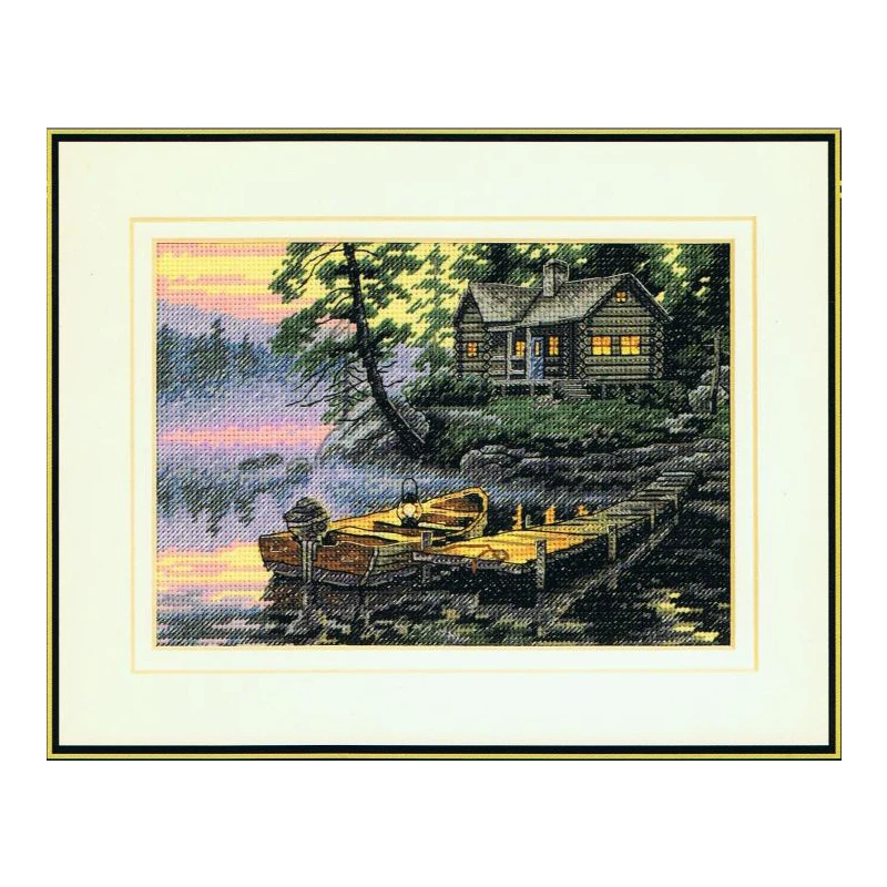 Amishop Counted Cross Stitch Kit, Morning Lake Village Boat Vessel House Cottage, Beautiful Home Dim 65091, Top Quality