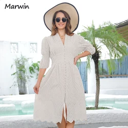 Marwin Long Simple Casual Solid Hollow Out Pure Cotton Holiday Style High Waist Fashion Mid-Calf Autumn Puff Dresses NEW Vestido