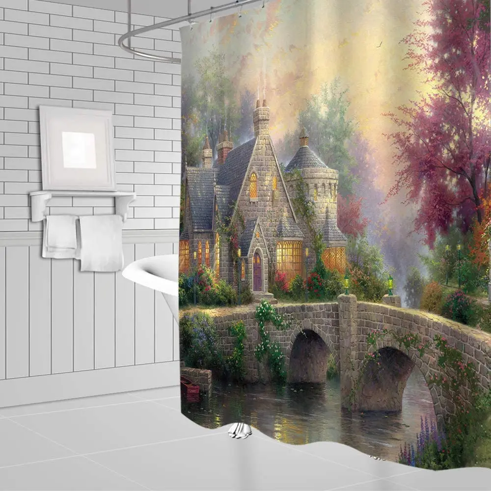 Stone Castle Foggy Forest Bridge River Trees Colorful Spring Flowers Lamplight Nature Scenic Decor Shower Curtain