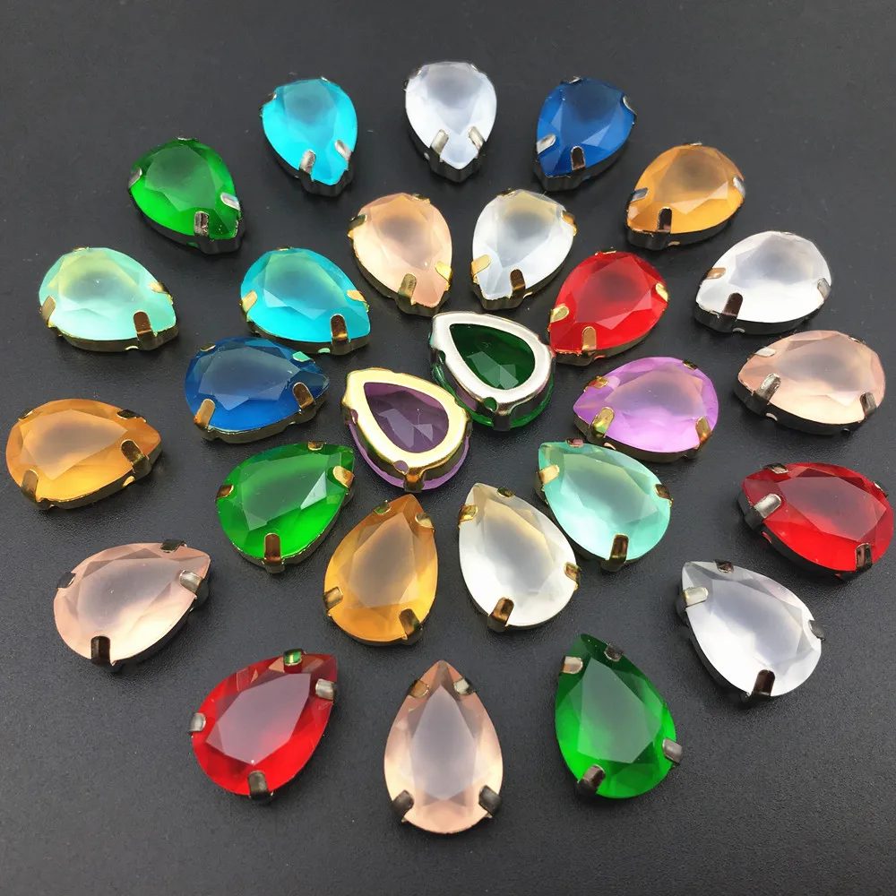 Hot Sale 10x14mm Water drop Sew on Rhinestones Pear Glazed Color Gold/White K Claw Resin Stones For Garment DIY free shipping