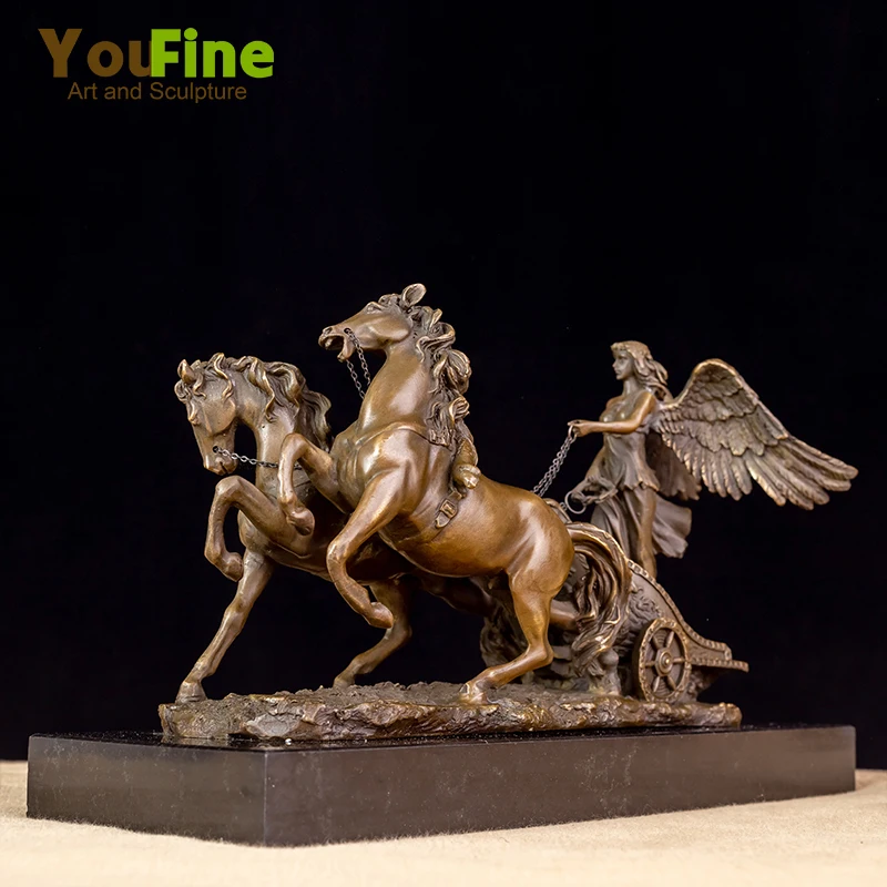 33.5cm Bronze Sculpture Goddess of Victory With Bronze Horse Bronze Statue of Victory For Home Hotel Decor Ornament Art Crafts