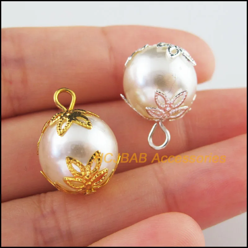 15Pcs Gold Silver Plated Flower Round Acrylic White Beads Charms Pendants 14mm