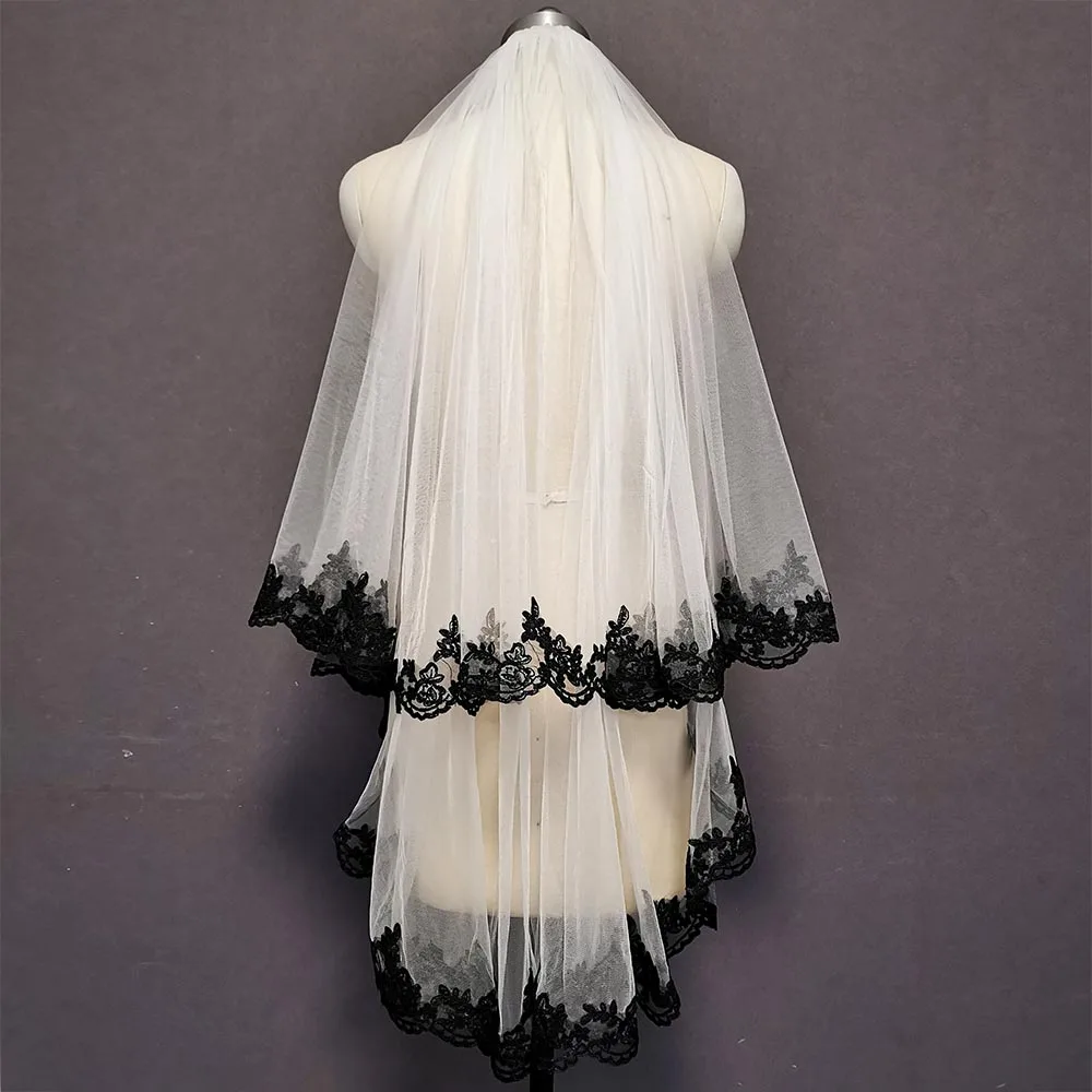 Black Lace White/Ivory Tulle 2 Layers Short Wedding Veil Beautiful 2 T Bridal Veil with Blusher Comb Wedding Accessories