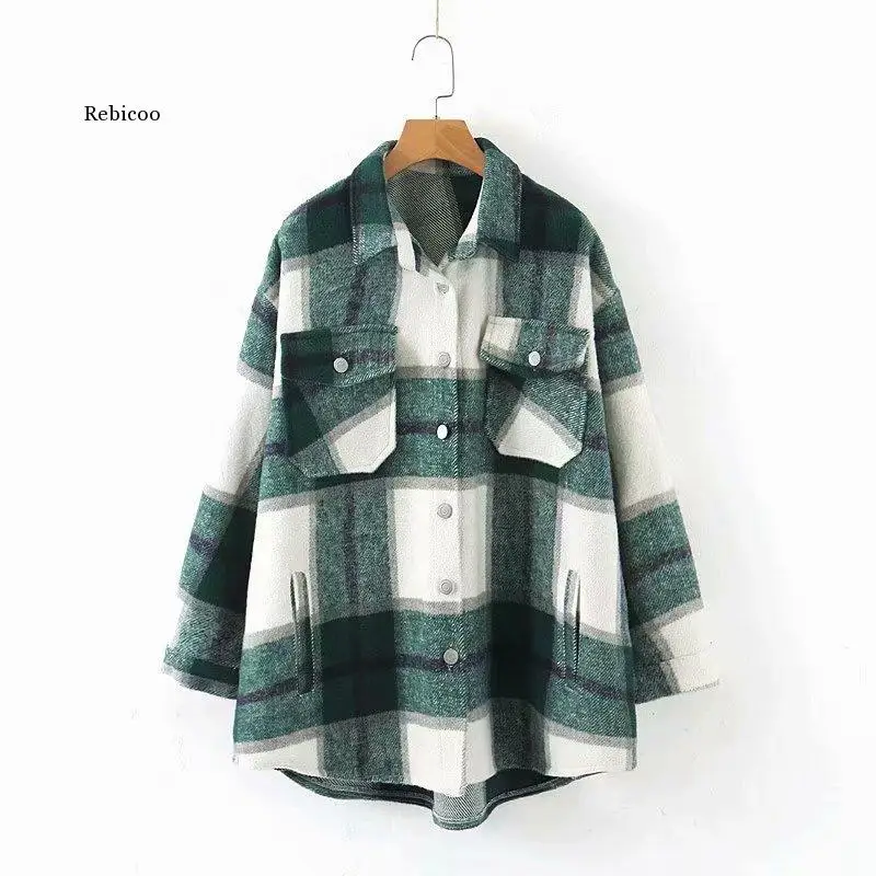 

Autumn Winter Women Blue plaid Long Coat Jacket Pocket Casual Warm Overcoat Fashion Outwear