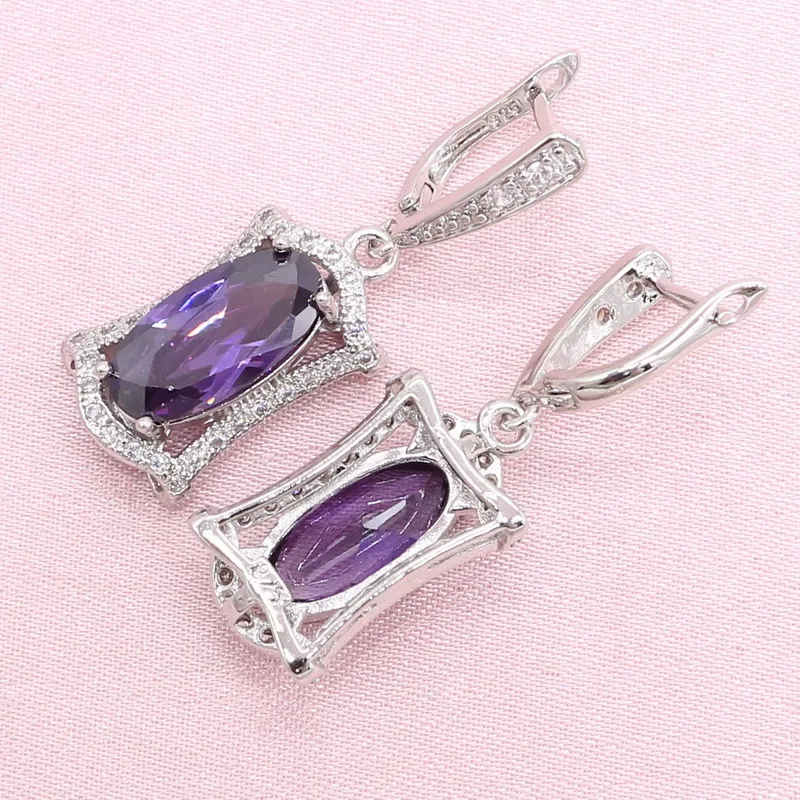 Bride Jewelry Sets For Women Elegant Purple Cubic Zirconia Silver Color Earrings Bracelet Necklace Pendant Ring Christmas Gift