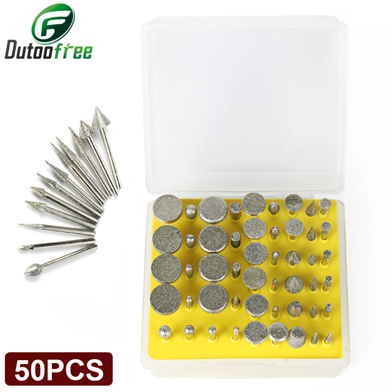 

50PCS Diamond Coated DIY Metalworking Grinding Grinder Head Glass Burr DREMEL Rotary Tools for Stone Ceramic Glass Carbide Gem