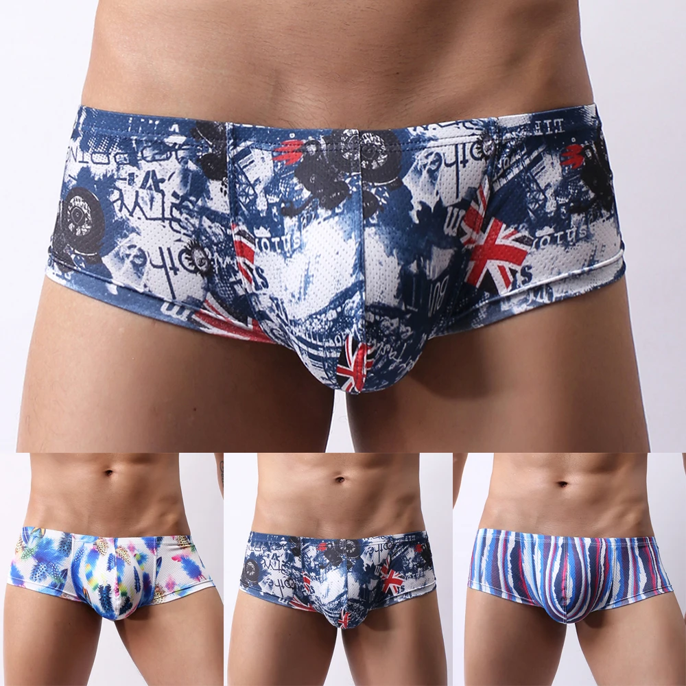 New Mens Underwear Men Low Waist Print Panties Sexy Breathableshorts Men U Pouch Bikini Shorts Cueca Gay Underpants