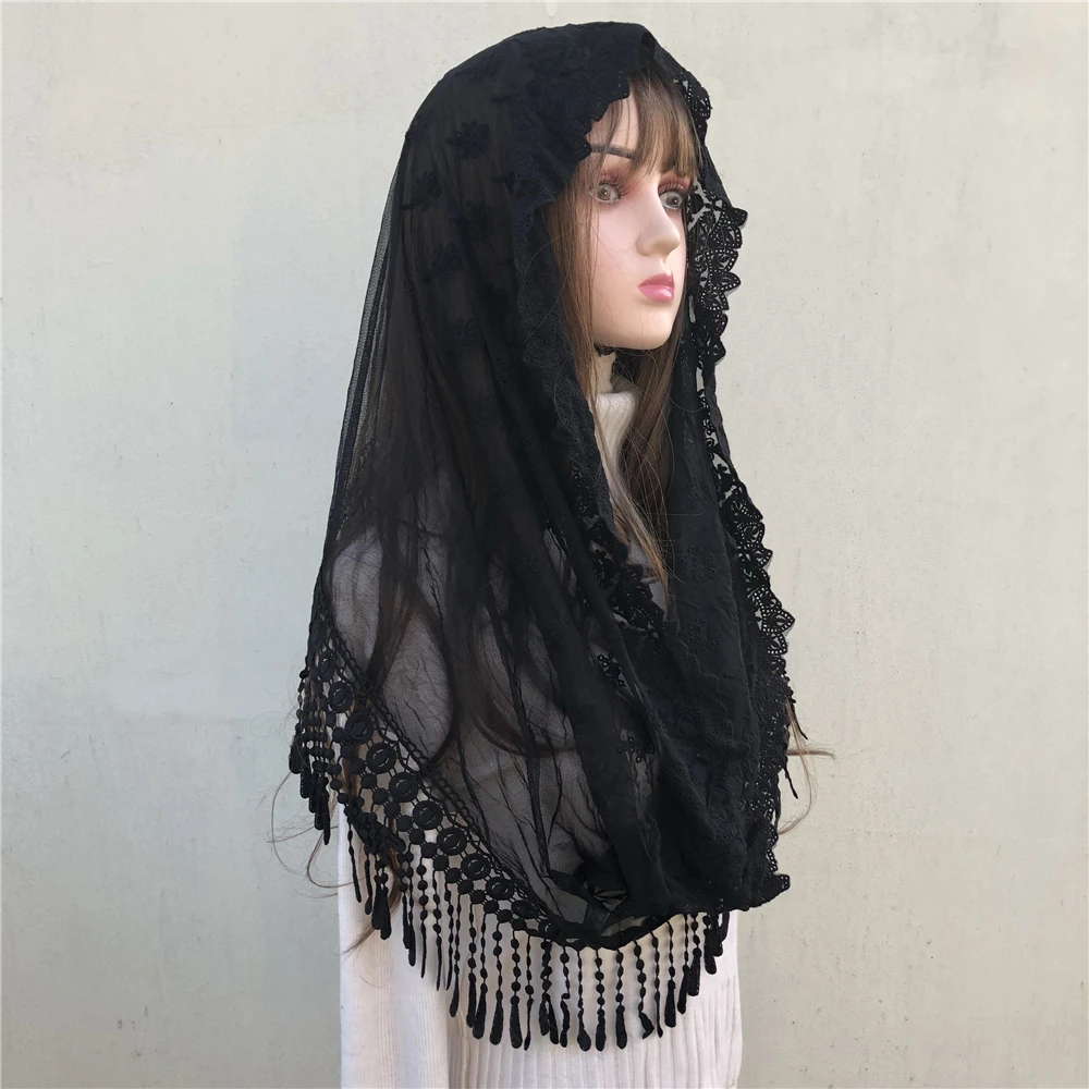 2024 White Black Women\'s Catholic Veil Jerusalem Muslim Elegant Ladies Lace Tassel Shawl Scarf Mantillas Veil Church Bridal Cape