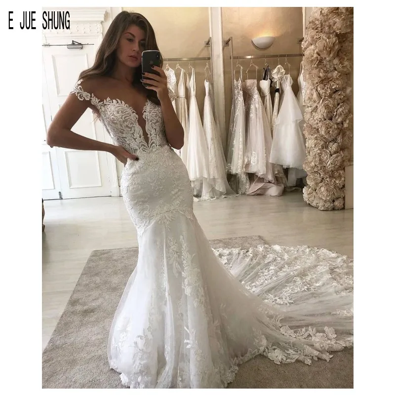 E jue shung sereia luxo vestidos de casamento boné mangas rendas apliques vestidos de noiva longo trem robe de mariee