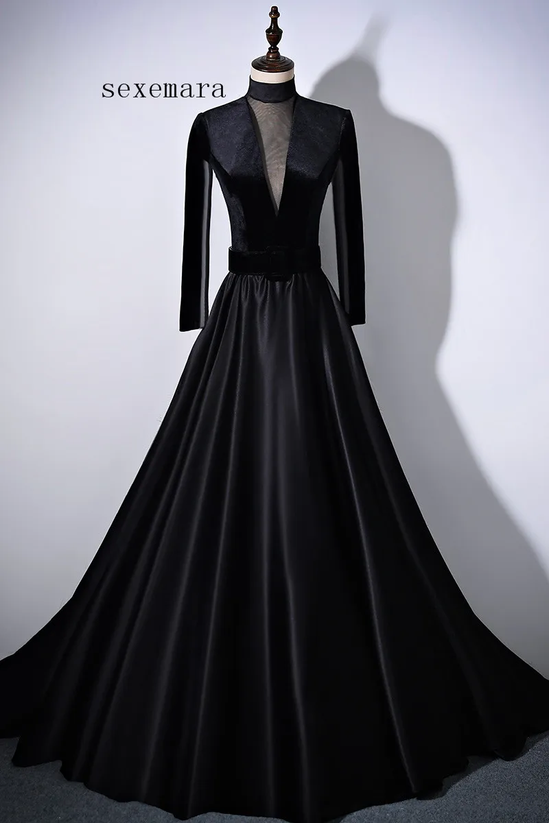 Vestido de noite formal, frete grátis, novo, gola alta, vintage, personalizado, preto, manga longa, vestido de mãe da noiva, 2018