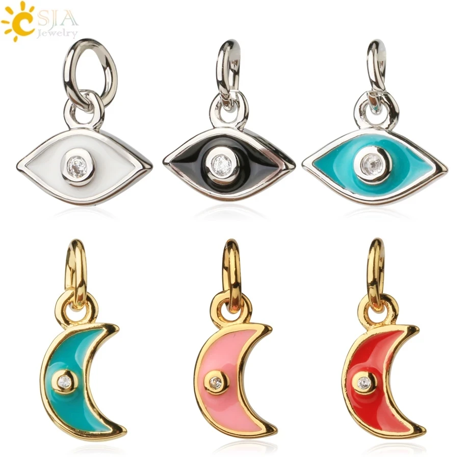 

CSJA Evil Eye Moon Charms for Bracelet Enamel Charms Pendant Jewelry Making Gold Color Plated Rhinestone Keychain Copper S661