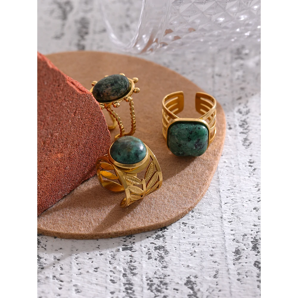 Yhpup Stainless Steel Green Natural Turquoise Opening Ring Statement Golden 18 K Plated Ring bague acier inoxydable Gift New