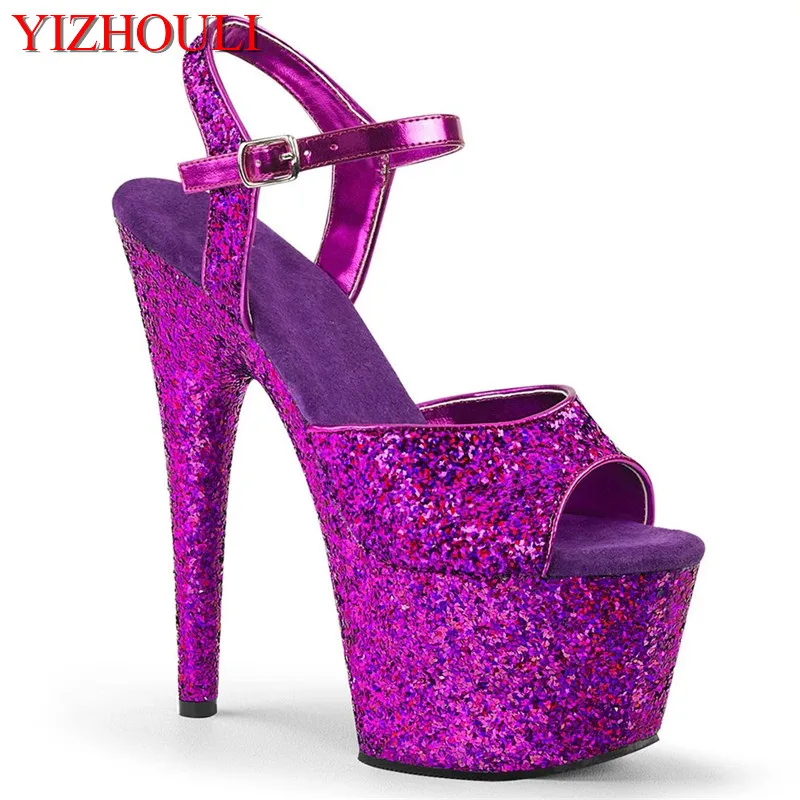 

17 cm Roman sandals, 7 inch lacquered soles, purple sequined vamp, model pole dancing exercises, dance shoes