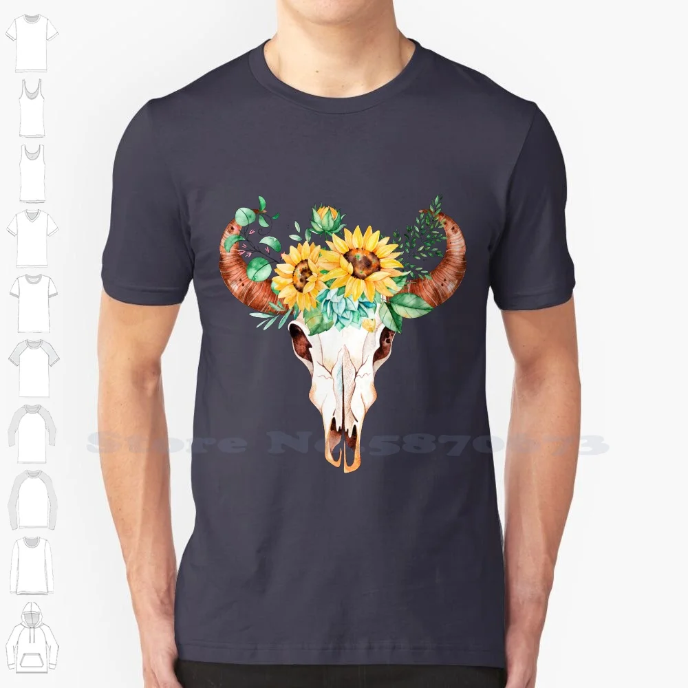 Sunflower Bouquet , Bull Skull , Sunflower Skull , Sunflowers , Watercolor , Painted Sunflowers 100% Cotton T-Shirt Sunflower