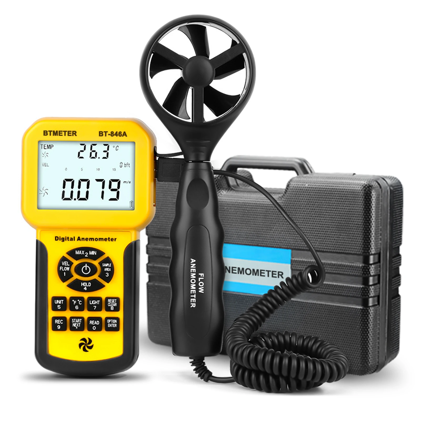 BTMETER 846A Pro Anemometr HVAC Pomiar prędkości wiatru Przepływ wiatru Tester temperatury wiatru CFM Miernik prędkości przepływu powietrza z podświetleniem