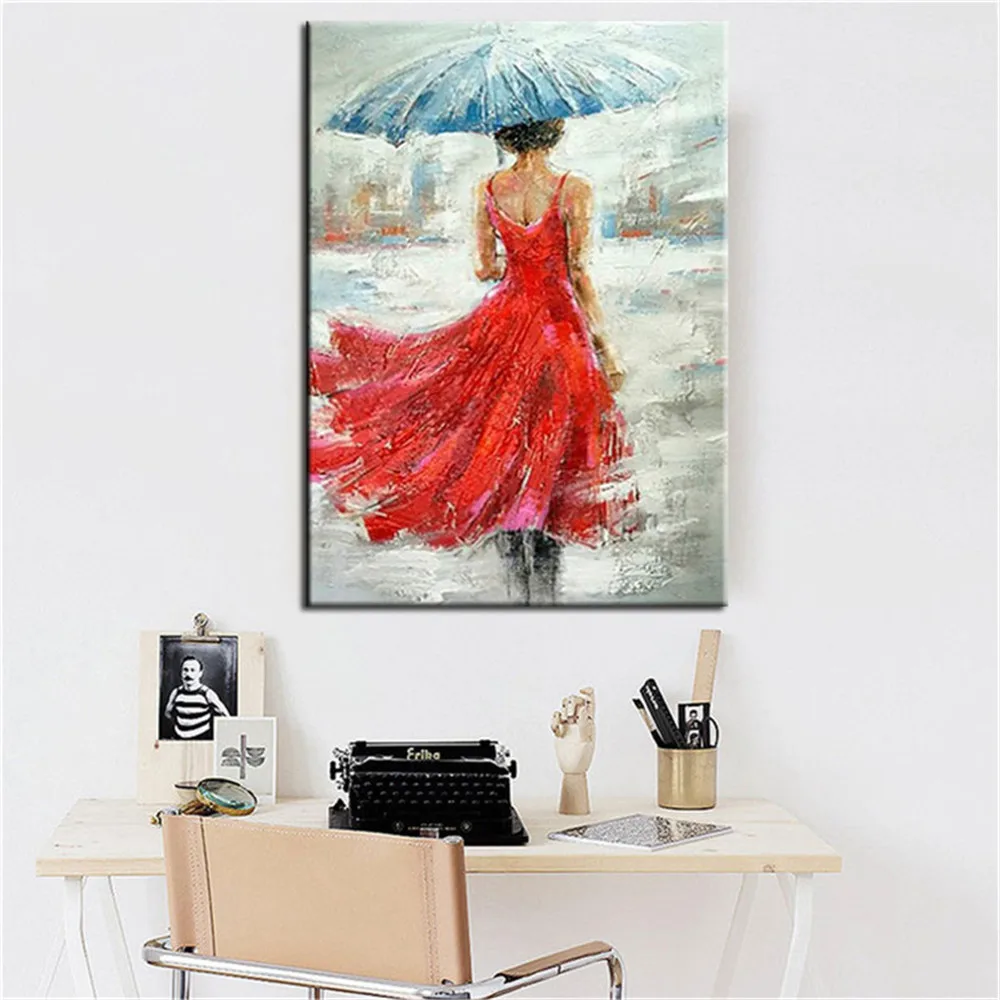 الحديثة رسمت باليد قماش النفط اللوحة مجردة الأحمر تنورة فتاة ديكور المنزل جدار صورة فنية لغرفة المعيشة الزفاف المشارك هدية