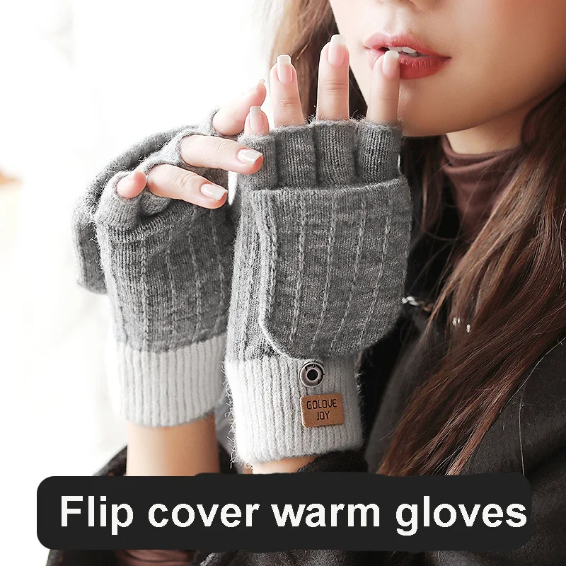 2023 New Winter Gloves For Women Half Finger Cashmere Warm Windproof Knitted Glove Office Writing Outdoor Flip Girls Cold Mitten