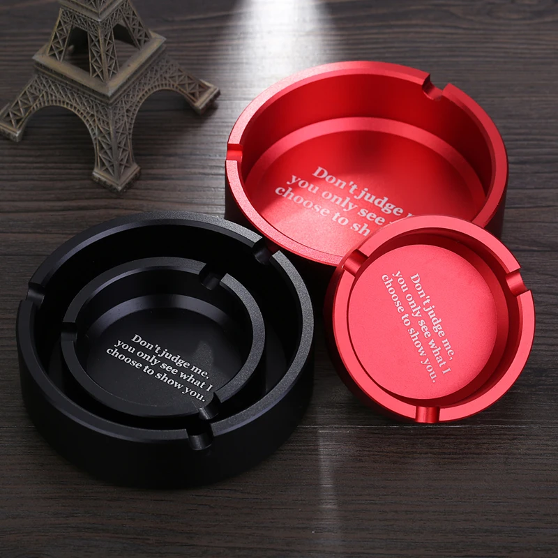 English Aluminum Alloy Metal Red Black Thickened Durable Round Upscale Ashtray Custom LOGO Ash Tray Holder Restaurant Hotel Home