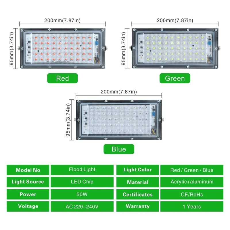 Imagem -02 - Refletor para Área Externa 50w Lâmpada de Led Rgb 220v ac Resistência à Água Ip65 Refletor Led Vermelho Verde Azul Iluminação de Jardim