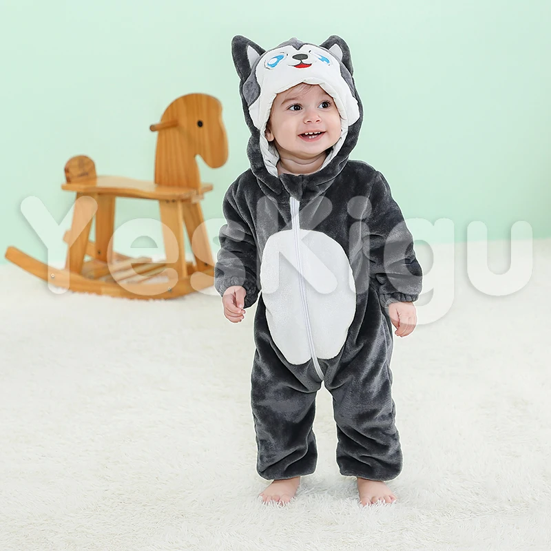 Winter Baby Clothes Romper 0-3y Animal Hoodies Jumpsuit Toddler Boy Girl Onesie Newborn Zipper Flannel Soft Warm Homewear Pajama