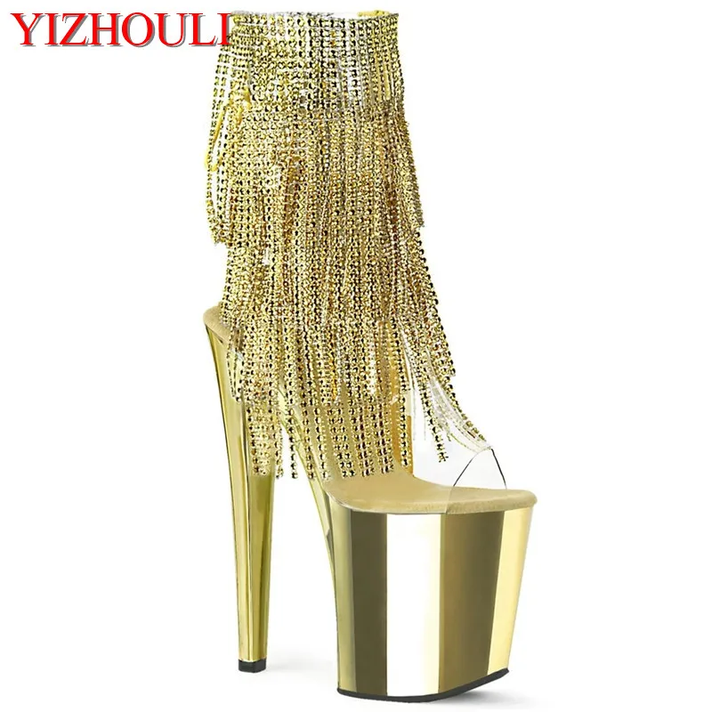 

20cm pole dancing shoes, 8in sexy ankle boots, beaded upper, gold stiletto plating waterproof platform, performance boots