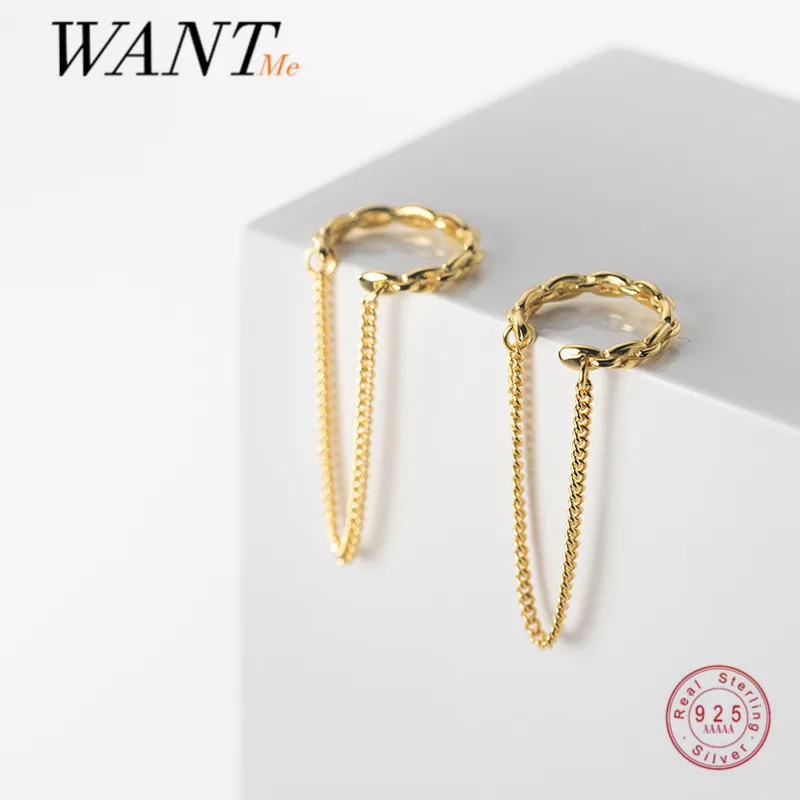 WANTME Genuine 925 Sterling Silver Punk Cuban Link Chain Ear Clips Earring for Women Rock Ear Cuff Piercing Jewelry Accessories