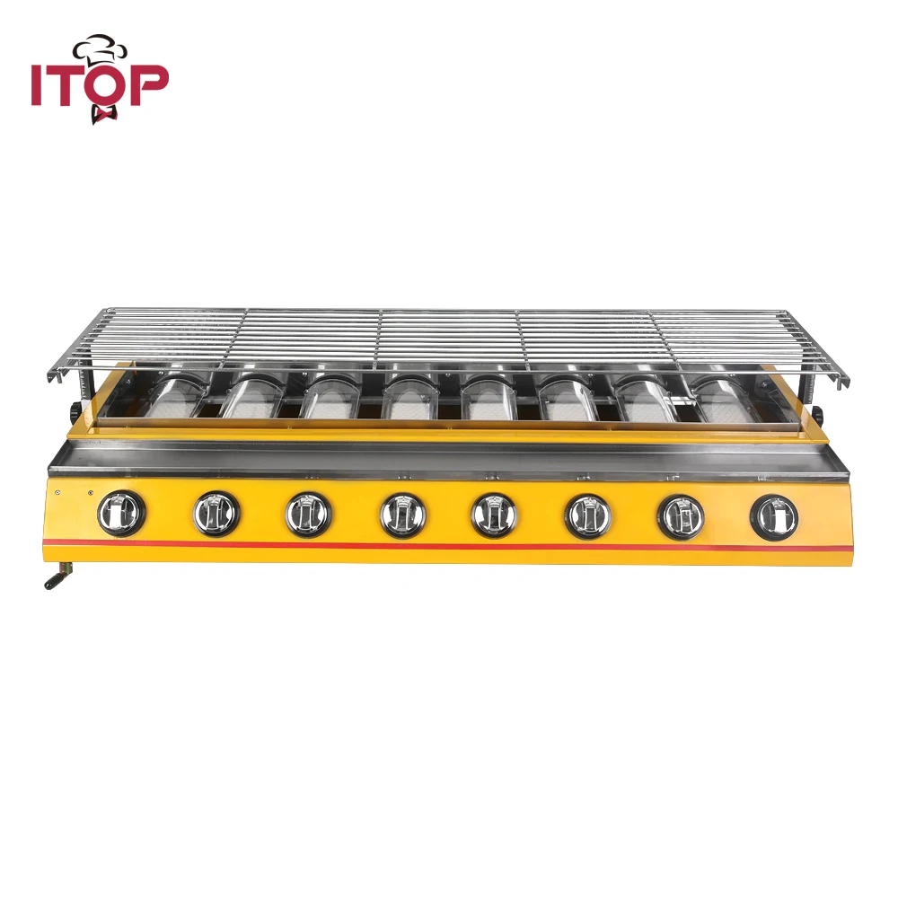 ITOP 8 Burners Gas BBQ Grills LPG BBQ Griddles Outdoor Barbecue Tools Stainless Steel/Glass Shields 102*25CM Grills Size