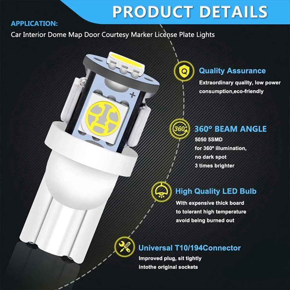 YSY 10x 24V LED T10 194 168 W5W 5 SMD 5050 5SMD LED Wedge Light Bulb Lamp White Green Blue Red Yellow 24V DC T10 5smd 5050 5led