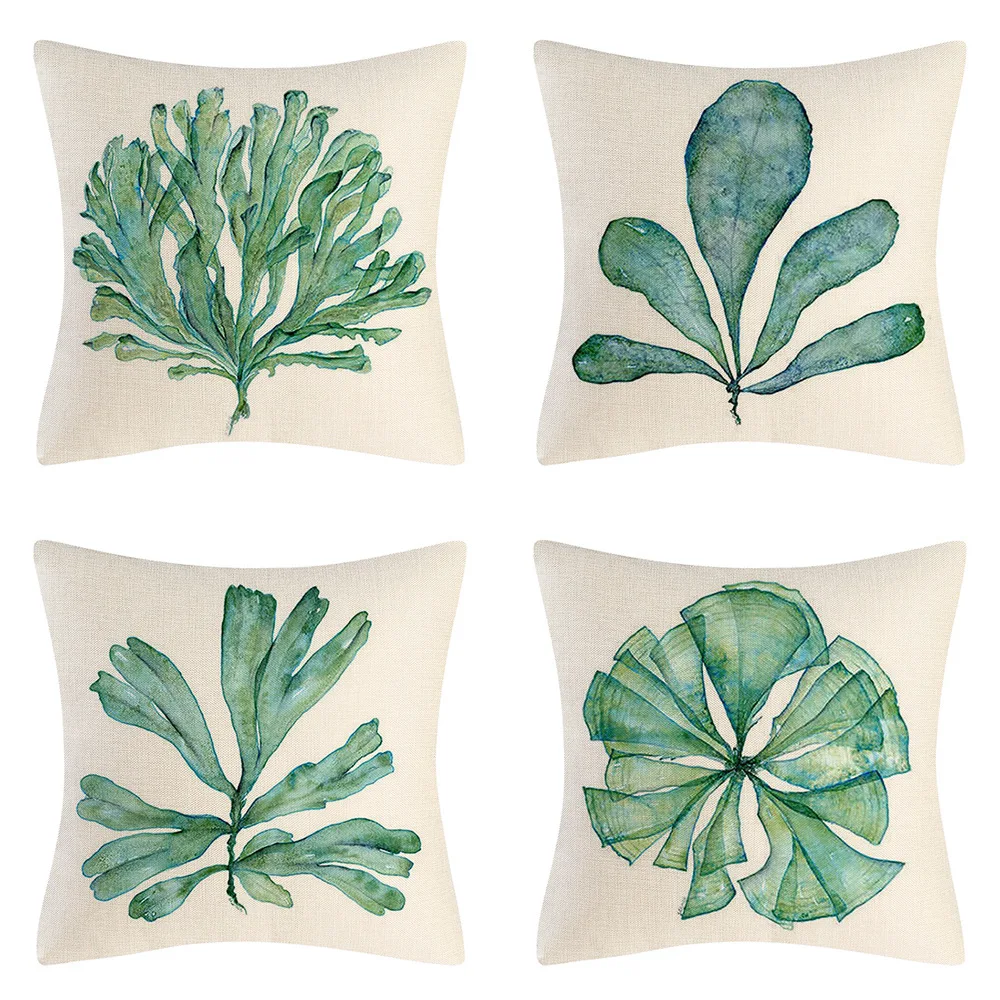 Home Decorative Cushion Cover 45x45cm Pillowcase Aquatic Plants Printed Linen Pillow Cover Simple Style Cushion Case for Couch