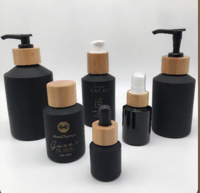 

60pcs 200ml black matte Travel Face Cream Shampoo bottle Bamboo Pump Bottle bamboo cosmetic Jar 15g 50g cosmetic container