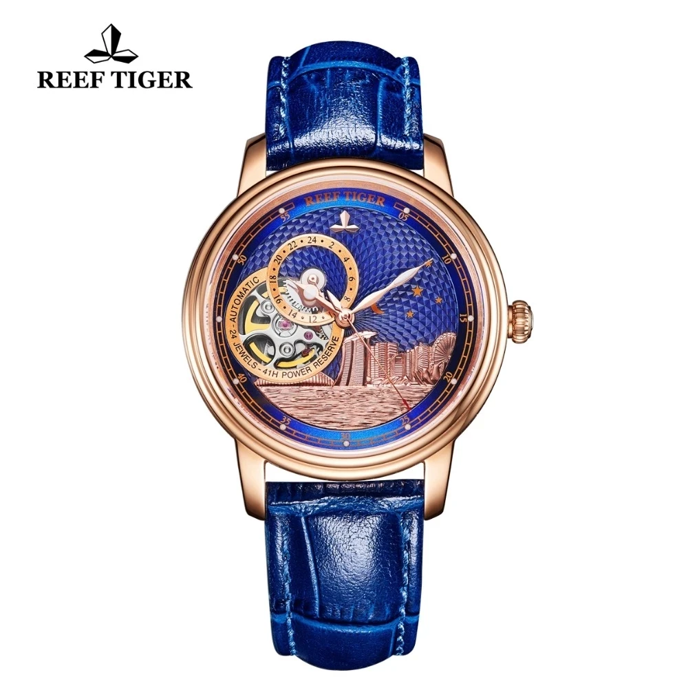 Reef Tiger/RT Top Brand Luxury Women Automatic Watches Rose Gold Blue Mechanical Watch Tourbillon Fashion Men Women Unisex Watch