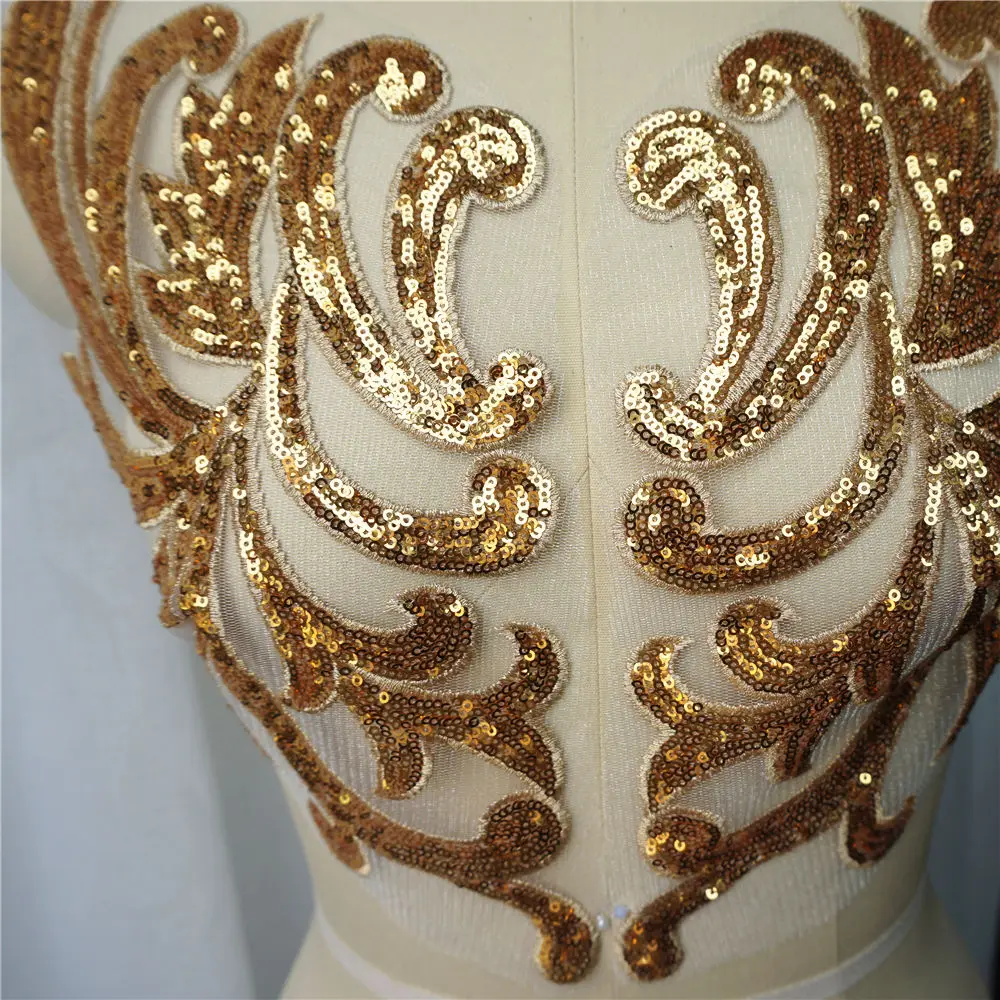 2PCS 46CM Gold Sequin Lace Fabric Appliques Sew On Patches Mesh Wedding Decoration Embroidery For Bride Evening Dress DIY image 3