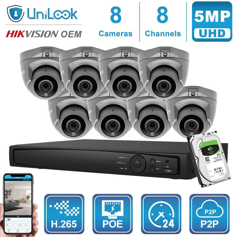 UniLook 8CH CCTV System 4/6/8Pcs 5MP Mini Dome Camera NVR Kit Outdoor Security System Night Vision 2.8mm Lens H.265 P2P View