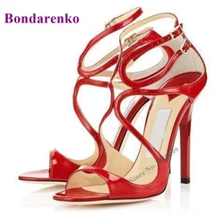 Mirror Strapped Solid Ankle Sandals Open Toe Stiletto High Heel Buckle Straps Sexy Women Summer Fashion Party Dress Sandals Shoe