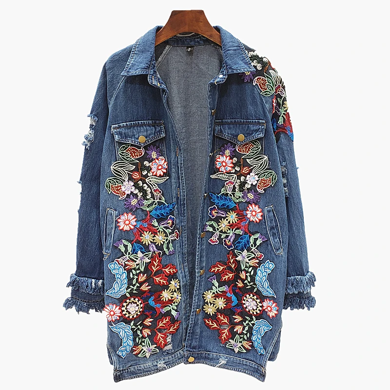 Harajuku Heavy work Flower embroidery Hole Denim jacket Women Streetwear Autumn Mid-length Loose Casual Jean coat Chaqueta Mujer