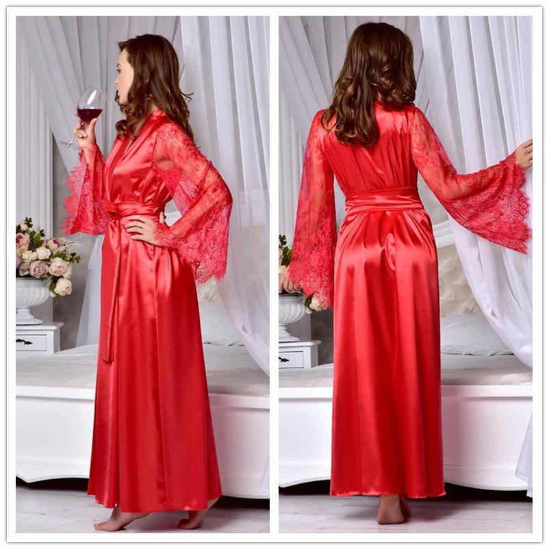 Women Fashion Casual Solid Satin Taffeta Silk Robe Sleepwear Pajamas Lady Sexy Lace Sleeve Nightgown Nightwear Nightdress