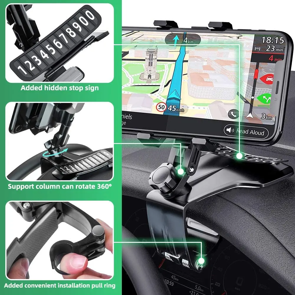 Fimilef Dashboard Car Phone Mount, Multifunctional Dashboard Rearview Mirror Car Phone Holder with 360-Degree Rotating Adjustabl