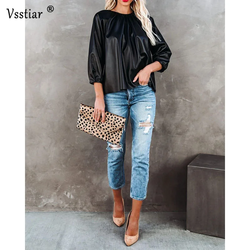 Long Sleeve Casual Women\'s Blouse 2022 Summer Fashion Patent Leather Woman Tops Black O Neck PU Shirts