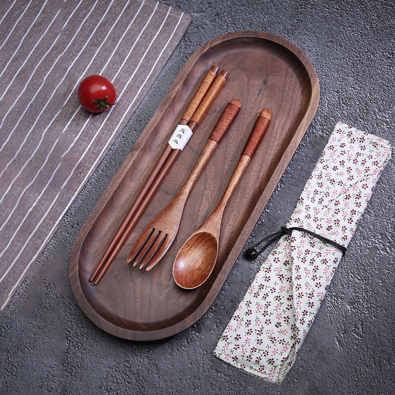 Portable 3-piece Wooden Cutlery Sets Wood Tableware Travel Spoon Chopsticks Fork Dinnerware Suit with Cloth Pack Gifts Set