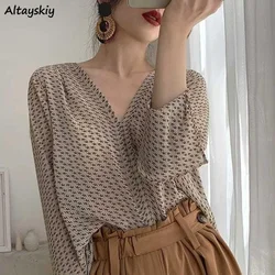 Women Blouses V-neck Printing Long Sleeve Loose Shirts Sun Protection Office Lady Gentle Elegant Chiffon Tops Lazy Blusas Female