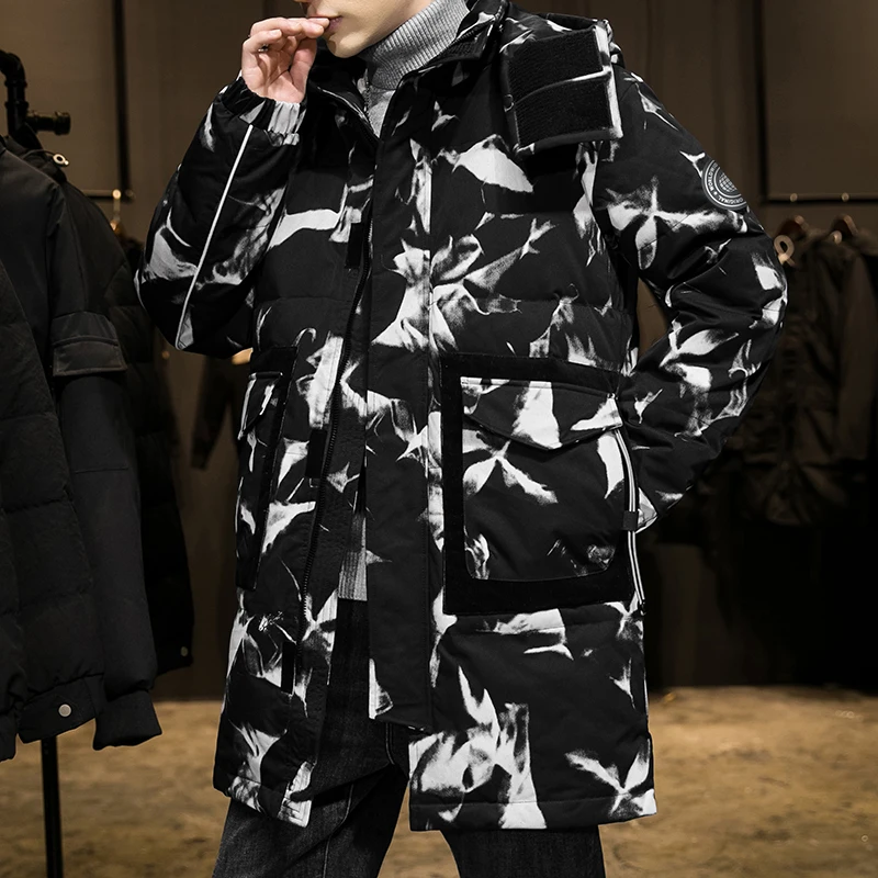 2021 men's new down jacket tide long loose thickening warm hooded explosive teenage men's high quality camouflag warm brand coat