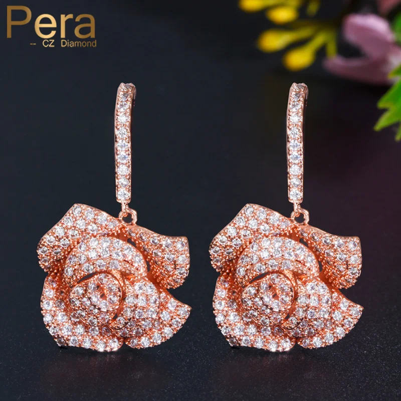 Pera Romantic Rose Flower Gold Color Cubic Zirconia Paved Long Hanging Drop Earring for Women Fashion Wedding Brand Jewelry E087