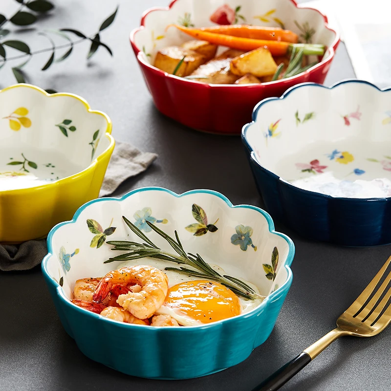 Nordic Simple Hand-painted Ceramic Salad Cake Bowl Colorful Porcelain Soup Fruit Bowl Lace Rice Dessert Snack Bowl Tableware